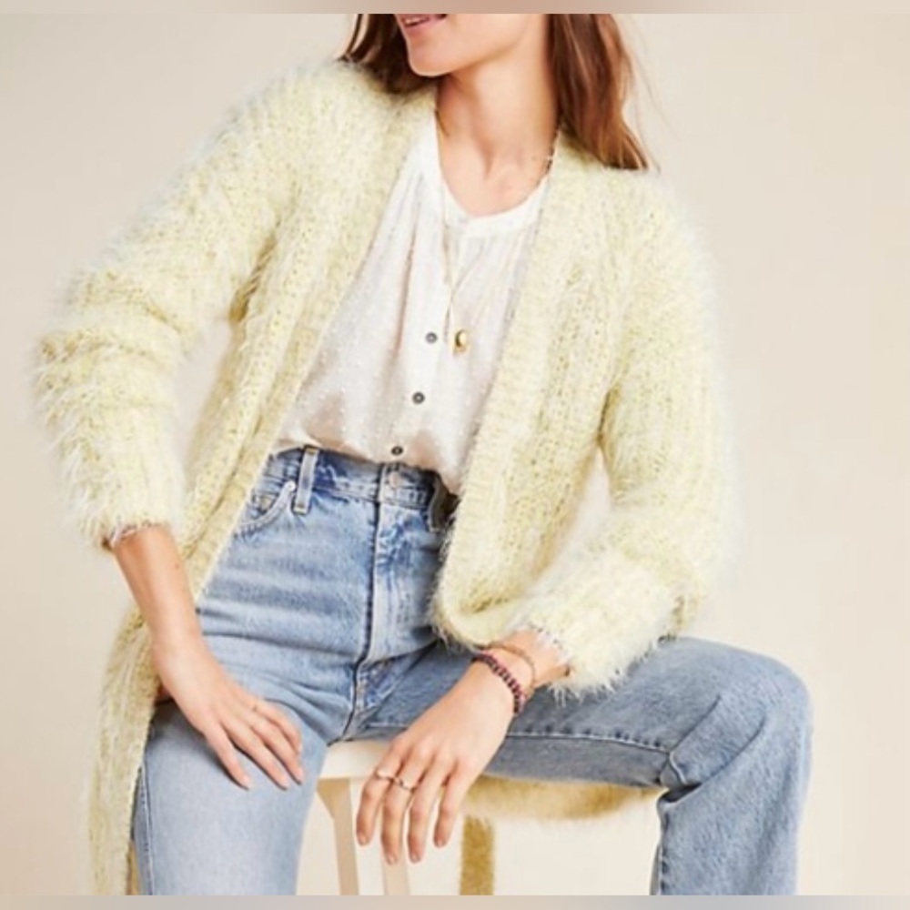 Anthropologie Larkin Yellow and Silver Metallic Fuzzy Cardigan - Size S
